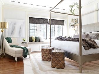 Neutral Master Bedroom With Gray Canopy Bed, Window Seat