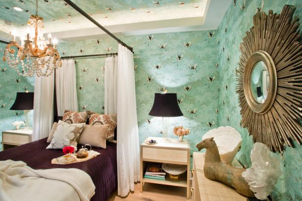 Green Bedroom With Bird Wallpaper, Canopy Bed & Gold Sunburst Mirror