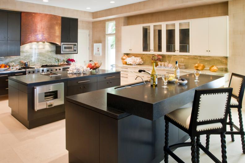 Contemporary Eat-In Kitchen With Black Island and White Cabinets