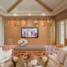 Transitional Media Room With Light Wood Cabinetry