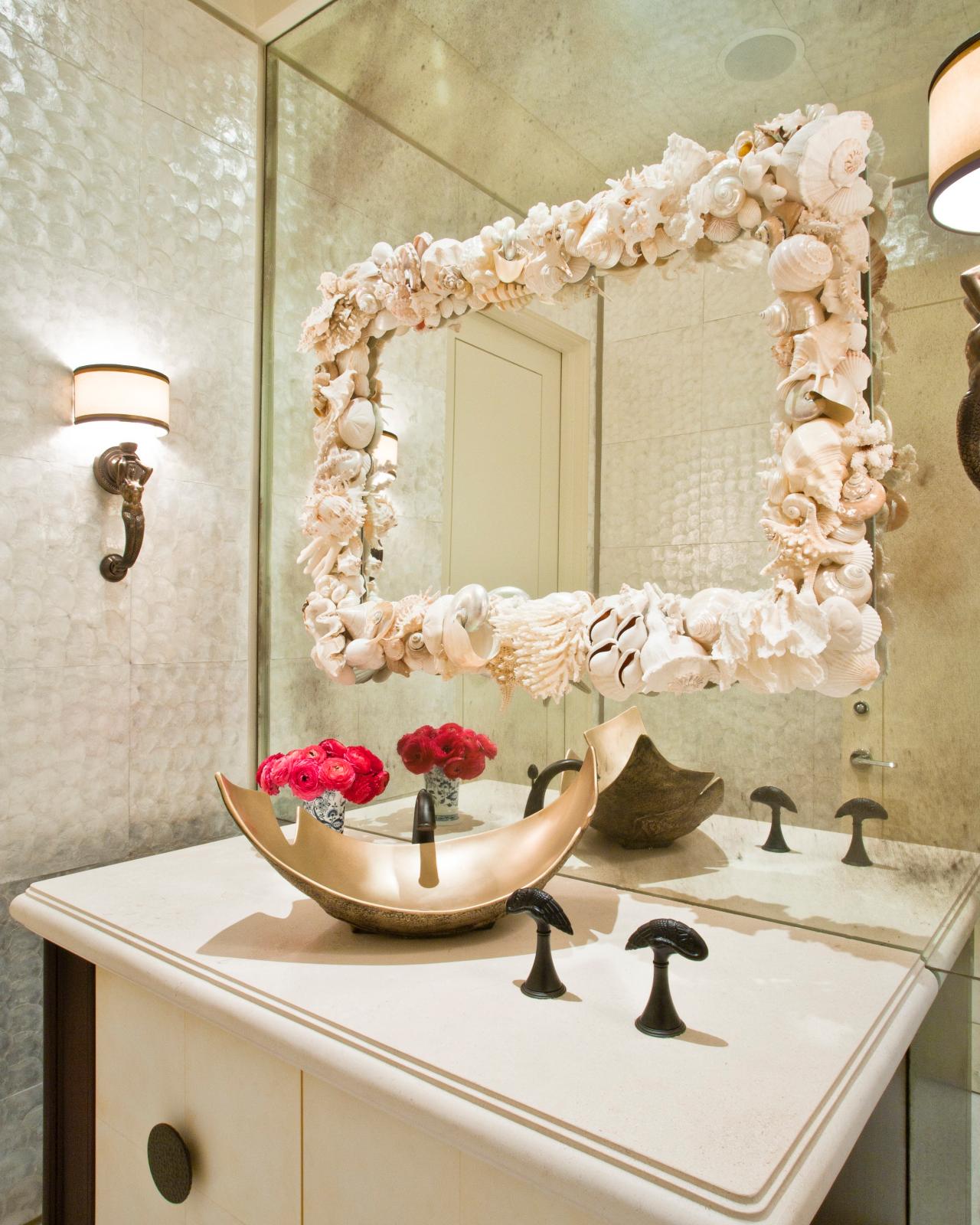 Contemporary Metallic Bathroom With Seashell Mirror | HGTV