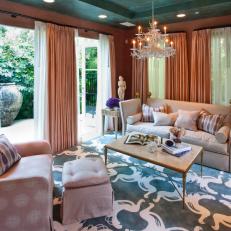 Elegant Transitional Living Room With Terra-Cotta Curtains