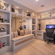 Home Office with Built-In Desk, Shelving and Bench 