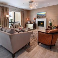 Posh Living Room With Mod Fireplace