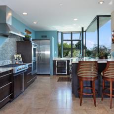 Modern Kitchen with Mosaic Tile Wave-Shaped Backsplash 