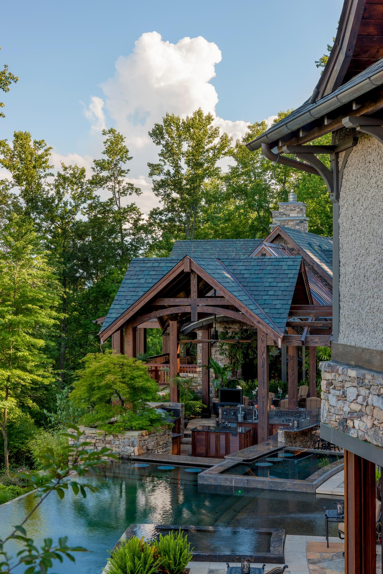 Rustic Outdoor Space With Infinity Pool, Living Waters Landscaping Asheville Nc