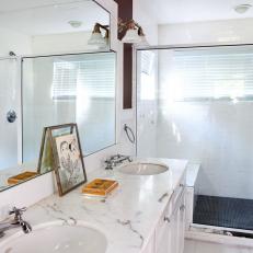 Transitional White Bathroom with Marble Vanity