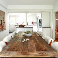 Transitional White Dining Room with Reclaimed Wood Table