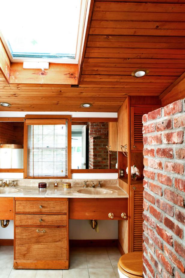 Bathroom With Wood Plank Ceiling And Exposed Brick Hgtv