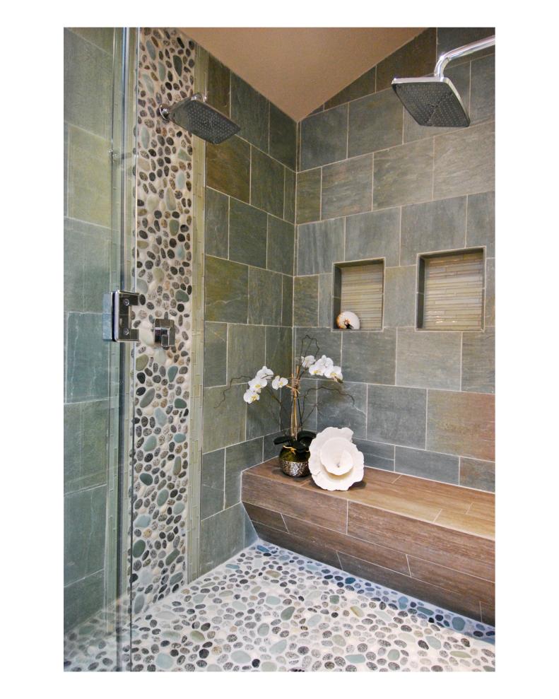 Contemporary Spa-Style Shower With Gray Tile Walls