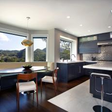 Blue and White Modern Eat-In Kitchen With Banquette
