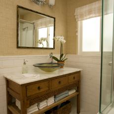 Neutral Transitional Bathroom With Chinese Cabinet Vanity