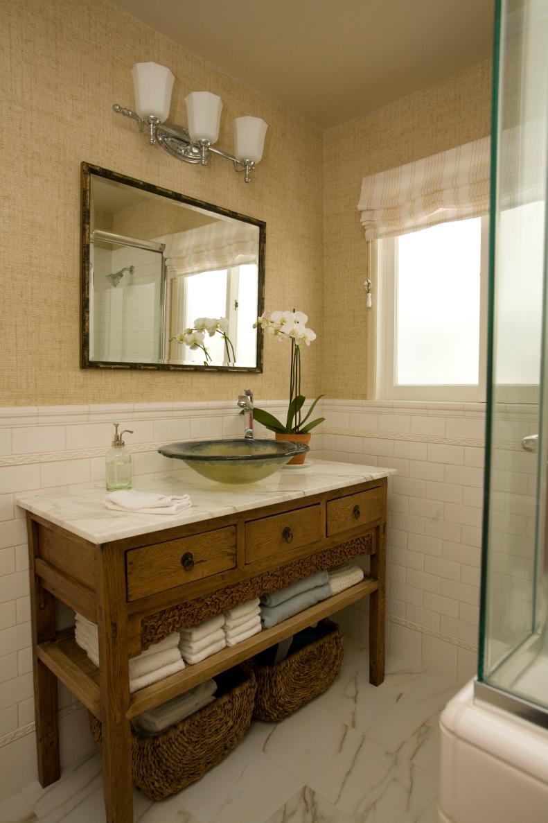 Neutral Transitional Bathroom With Chinese Cabinet Vanity