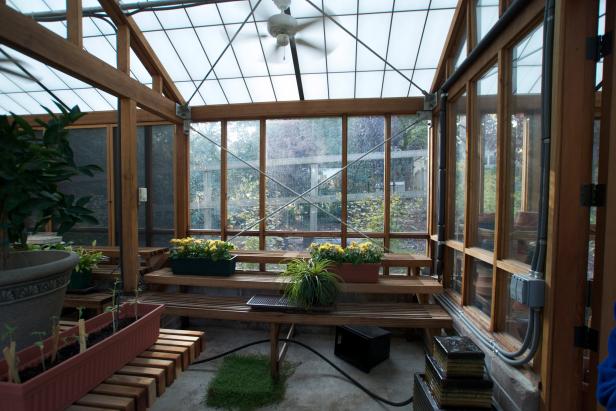 Large Greenhouse Interior With Ventilation System and Wood Beams
