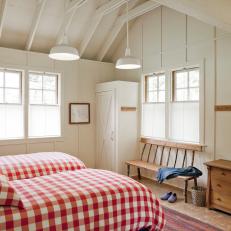 White Country Bedroom With Red Gingham on Twin Beds