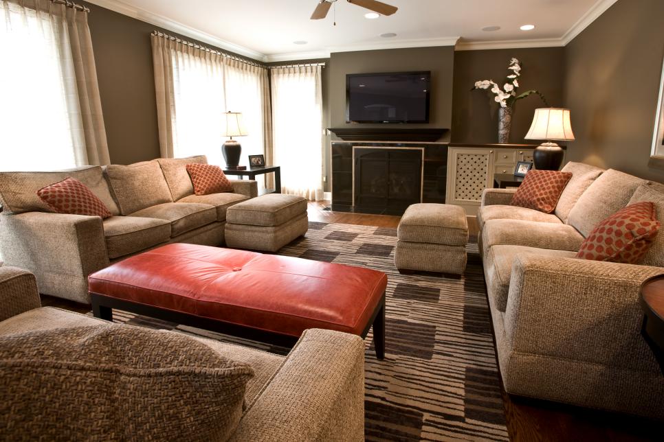 Burnt Orange Accents Pop In Brown Living Room Hgtv