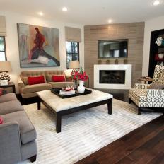 Contemporary Family Room With Lattice-Printed Chair