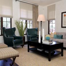 Transitional Living Room With Green Wingback Chairs
