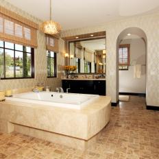 Transitional Master Bathroom With Glossy Wallpaper