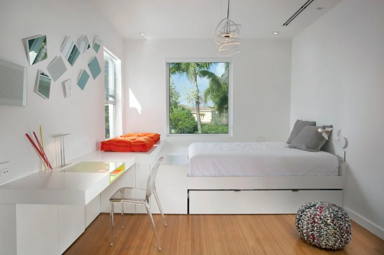 White Bedroom With Modern White Bed, Desk and Crooked Mirrors
