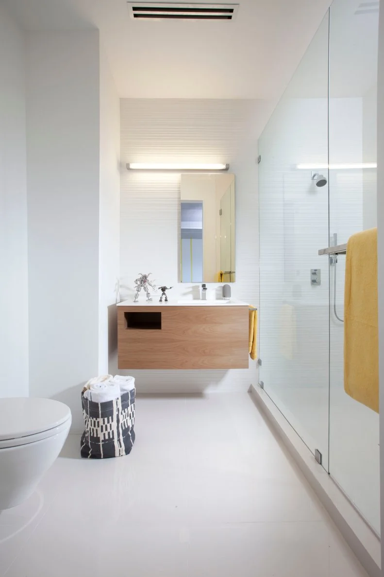 White Modern Kid's Bathroom With Floating Neutral Wood Vanity