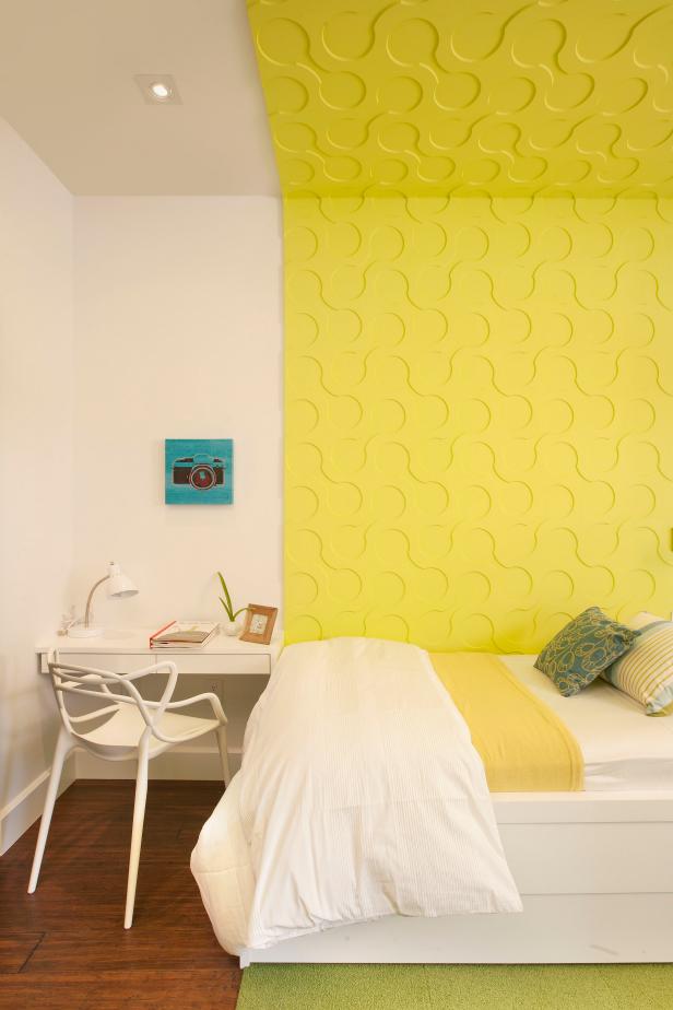 Bright Yellow Modern Teen Bedroom With Textured Wall Treatment