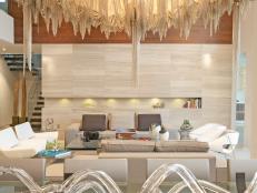 Formal Living Area Boasts Impressive Gold Chandelier