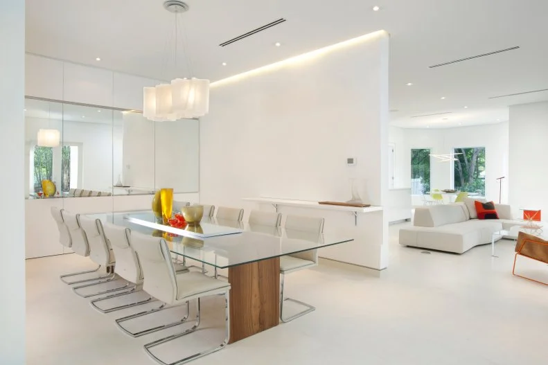 White-on-white living and dining room with modern style