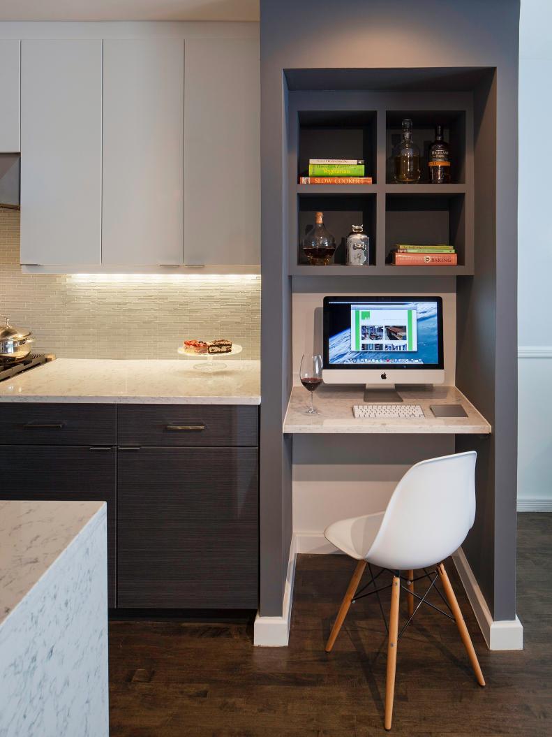 Small Built-In Desk With Eames Chair in White Modern Kitchen
