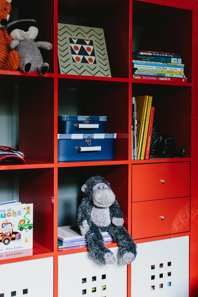 Red Shelving Unit in Kids Room