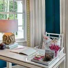 Cheery Blue Transitional Home Office With Custom Details