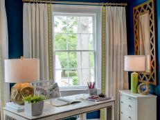 Transitional Blue Home Office With Painted Ceiling