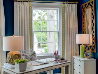 Transitional Blue Home Office With White Furniture and Painted Ceiling