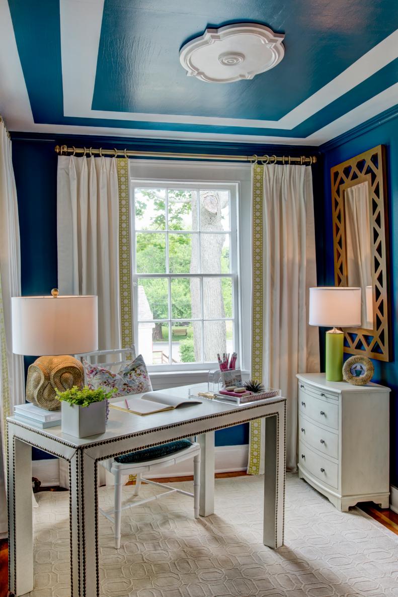 Transitional Blue Home Office With White Furniture and Painted Ceiling