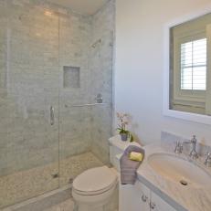 Transitional Neutral Bathroom With Marble Tile Shower