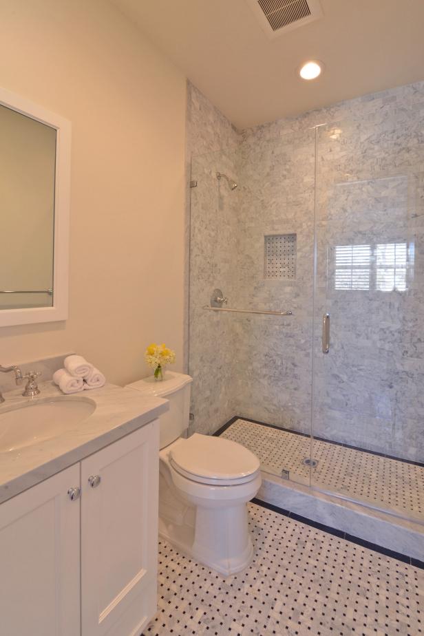 Transitional Bathroom With Gray Marble Tile Shower | HGTV