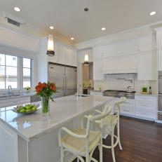 Spacious Transitional White Kitchen With Large Island