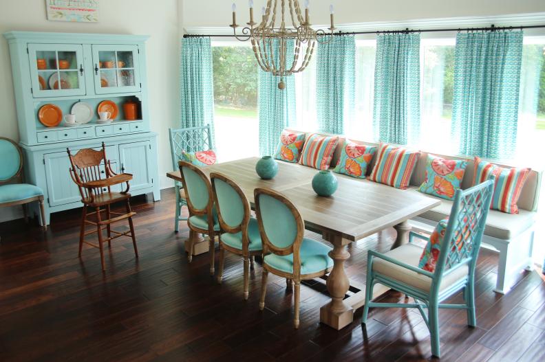 Coastal Dining Room With Aqua Hutch, Aqua Curtains & Neutral Table