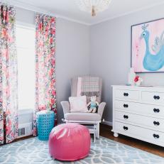 Soft Gray Nursery With Bright Pink and Blue Accents