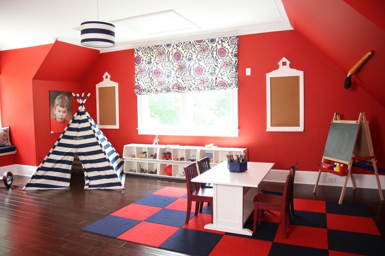 Red Playroom With Navy and White Striped Tent and Checkered Rug