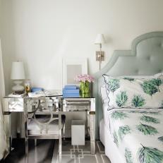 Mirrored Desk Wows in Transitional White Master Bedroom