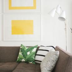 Yellow Geometric Art in Contemporary White Living Room