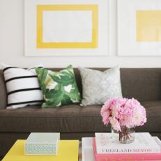 Contemporary White Living Room With Bold Yellow Artwork