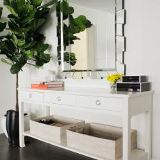 Transitional White Foyer With Console Table and Wall Mirror