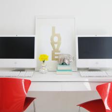 Sleek White Home Office With Mod Red Desk Chairs