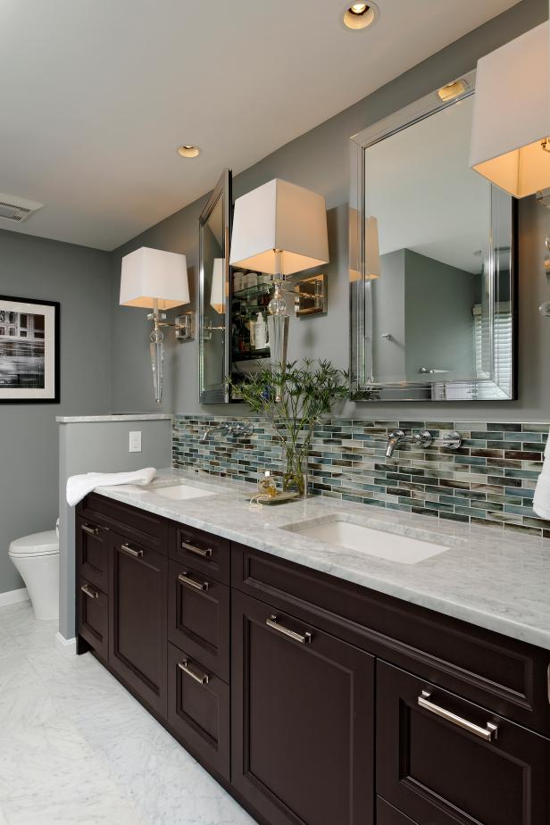 Contemporary Hotel-Style Bathroom With Glass-Tile Backsplash HGTV