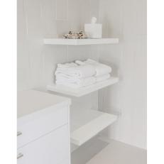Floating Shelves in White Modern Spa Bathroom Dressing Area