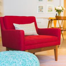 Red Midcentury Modern Armchair & Graphic Throw Pillow