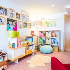 Colorful Kid's Space in Midcentury Modern Family Room