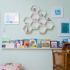 Girl's Transitional Bedroom With Honeycomb Wall Shelving